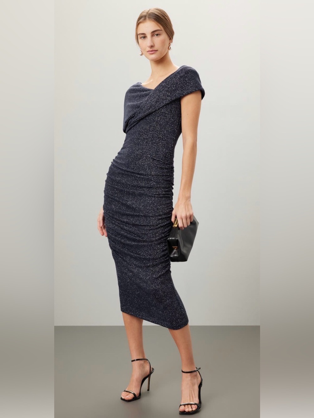 Black Halo Metallic Off-Shoulder Ruched Midi Dress